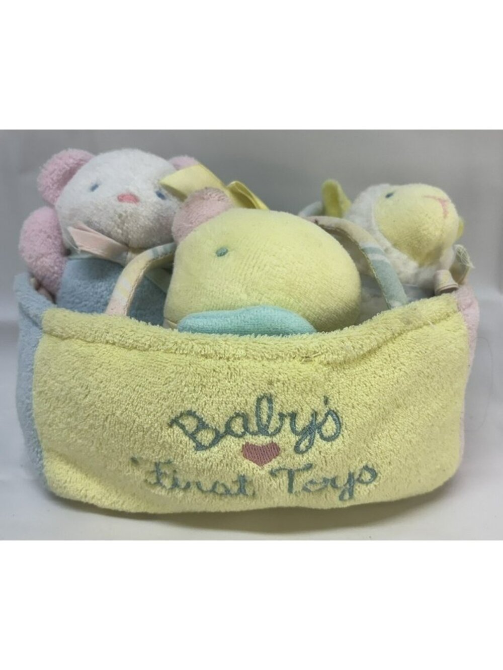 Vintage Eden Baby's First Toys Bear Duck Lamb Rattles Basket Pastel Terry Cloth